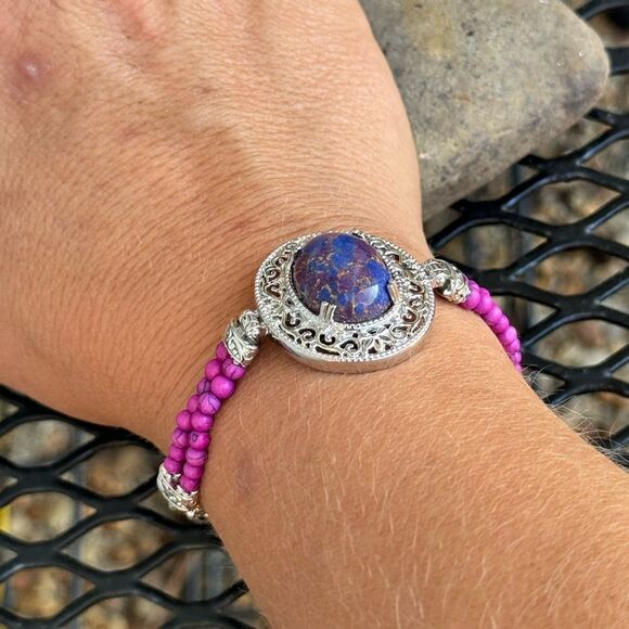 New in box! Purple Turquoise Mix Beaded Bracelet Silver Toned Earthy Boho 5.5” - Picture 3 of 5